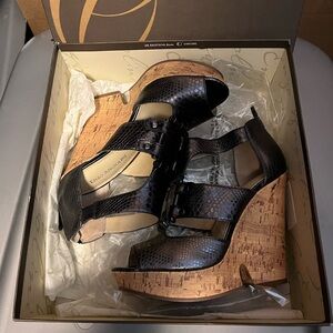 Enzo Angiolini Metallic Dark Steel Gray Platform Wedges with Straps NWT